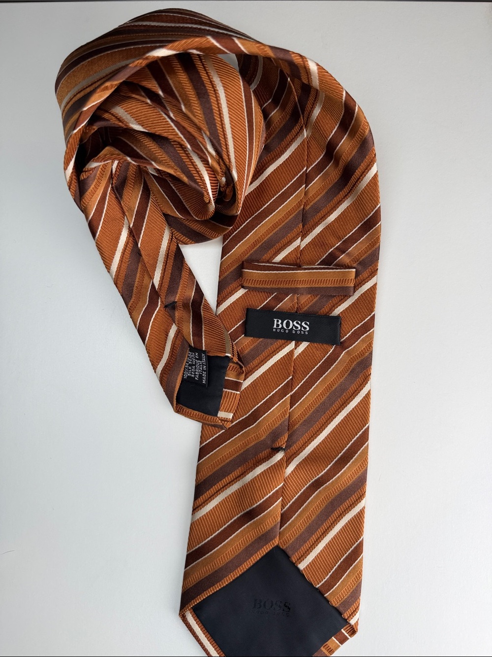 Hugo Boss 100% Silk Tie - Copper & Cream Stripe
